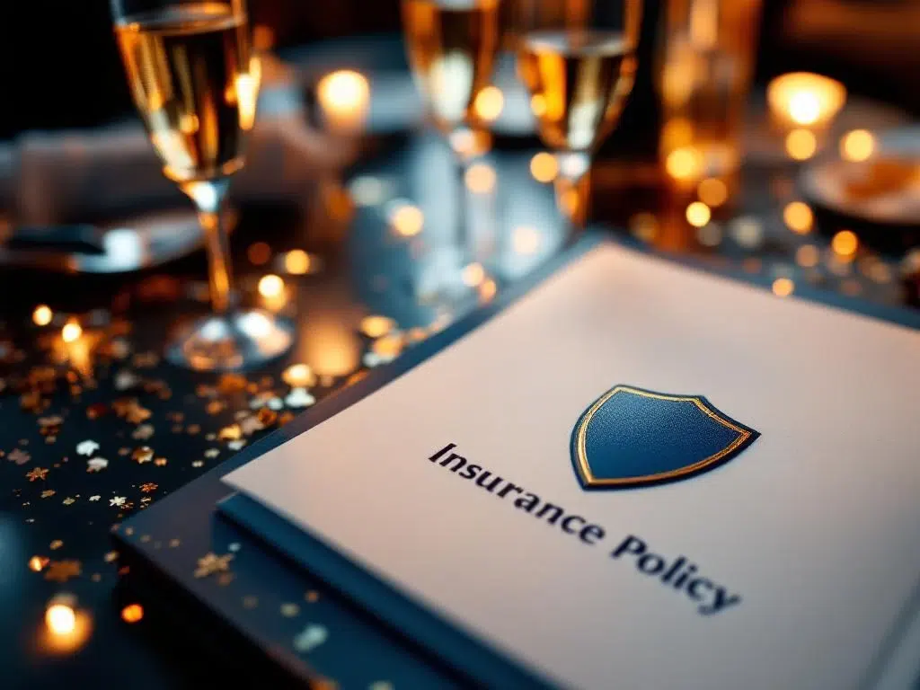 Verzekeringspolismap met schild-embleem op feesttafel met champagne en confetti in warm licht