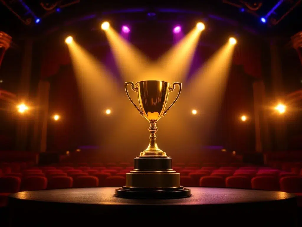 Golden trophy on pedestal under spotlights on elegant award show stage with red velvet curtains and empty theater seats