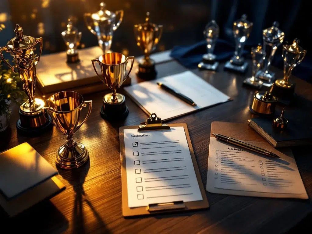 Awards ceremony planning workspace with golden trophy silhouettes, nomination forms, clipboard, and crystal statuettes on desk