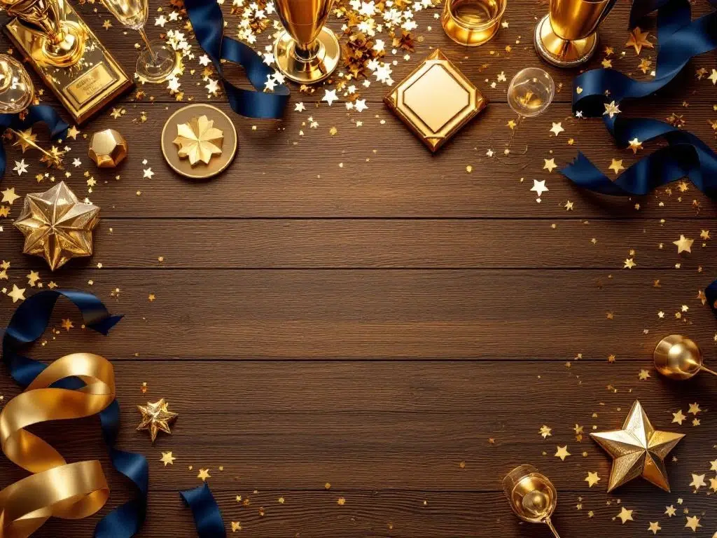 Elegante houten tafel met gouden en kristallen awards, champagneglazen en confetti voor projectviering in Amsterdam
