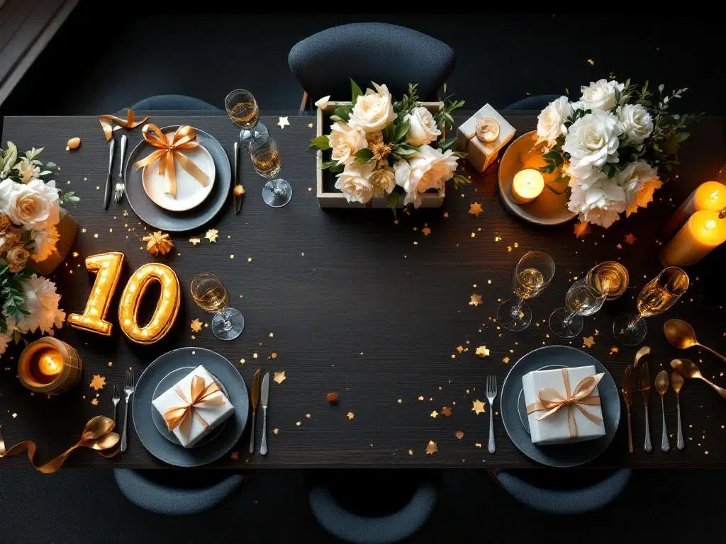 Corporate 10th anniversary celebration table with golden decorations, champagne glasses, and elegant floral arrangements