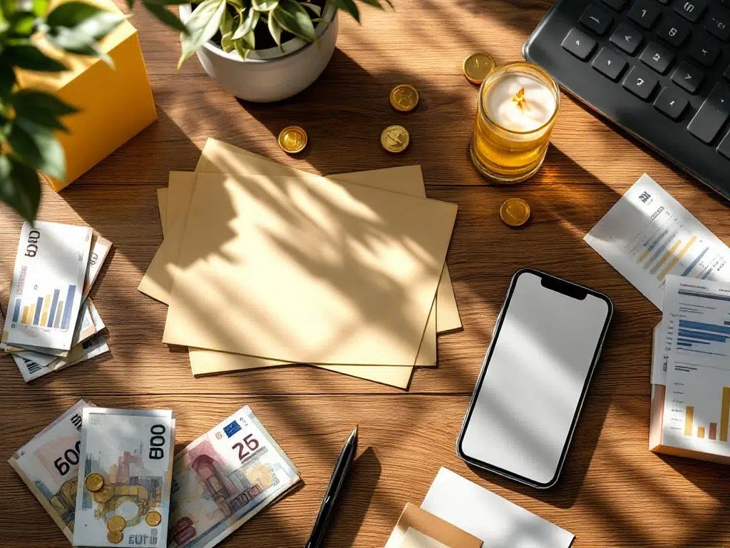 Modern wooden desk with calculator, euro banknotes, smartphone showing financial charts, and budget documents for business planning.