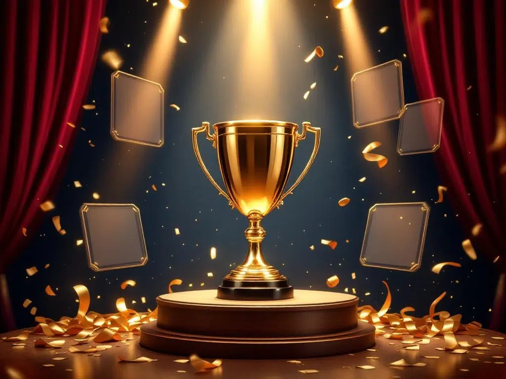 Golden trophy on wooden podium with floating award plaques, burgundy ribbons, and dramatic spotlights in ceremony setting.