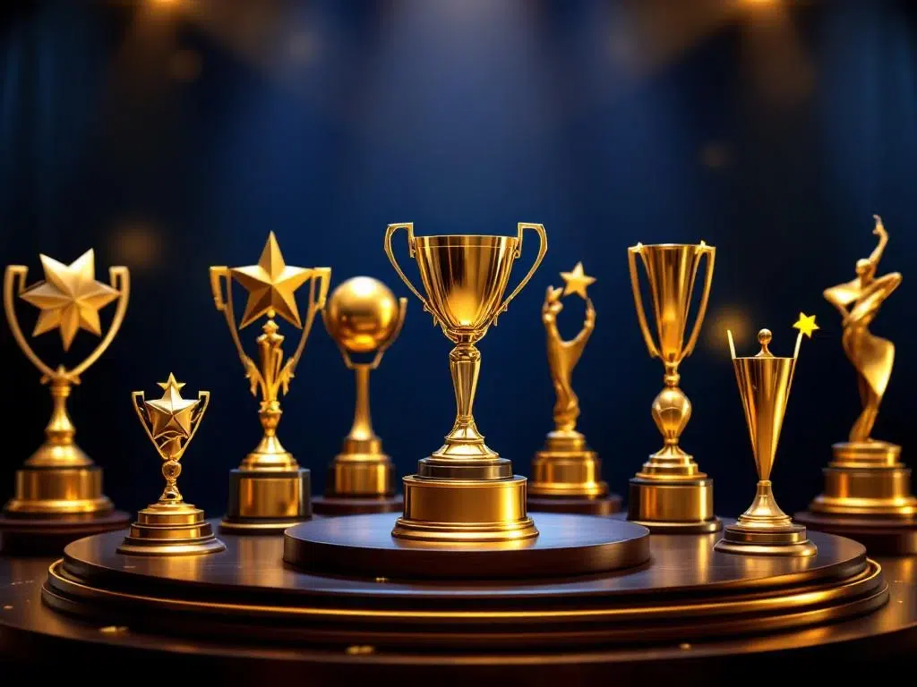 Eight golden trophy awards with star and geometric designs displayed on dark wooden podium with blue background lighting.