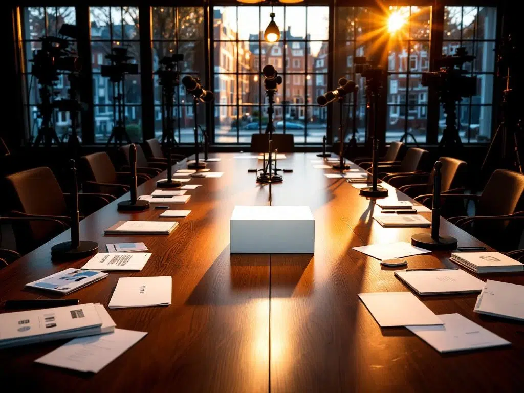 Productlancering in stijlvolle vergaderruimte met witte productdoos, persmateriaal en camera's bij raam met Amsterdamse grachten