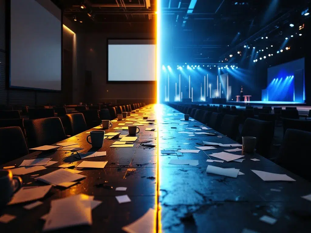Split-screen showing chaotic conference room with scattered papers versus bright modern event space with sleek displays, connected by glowing pathway symbolizing product launch transformation.