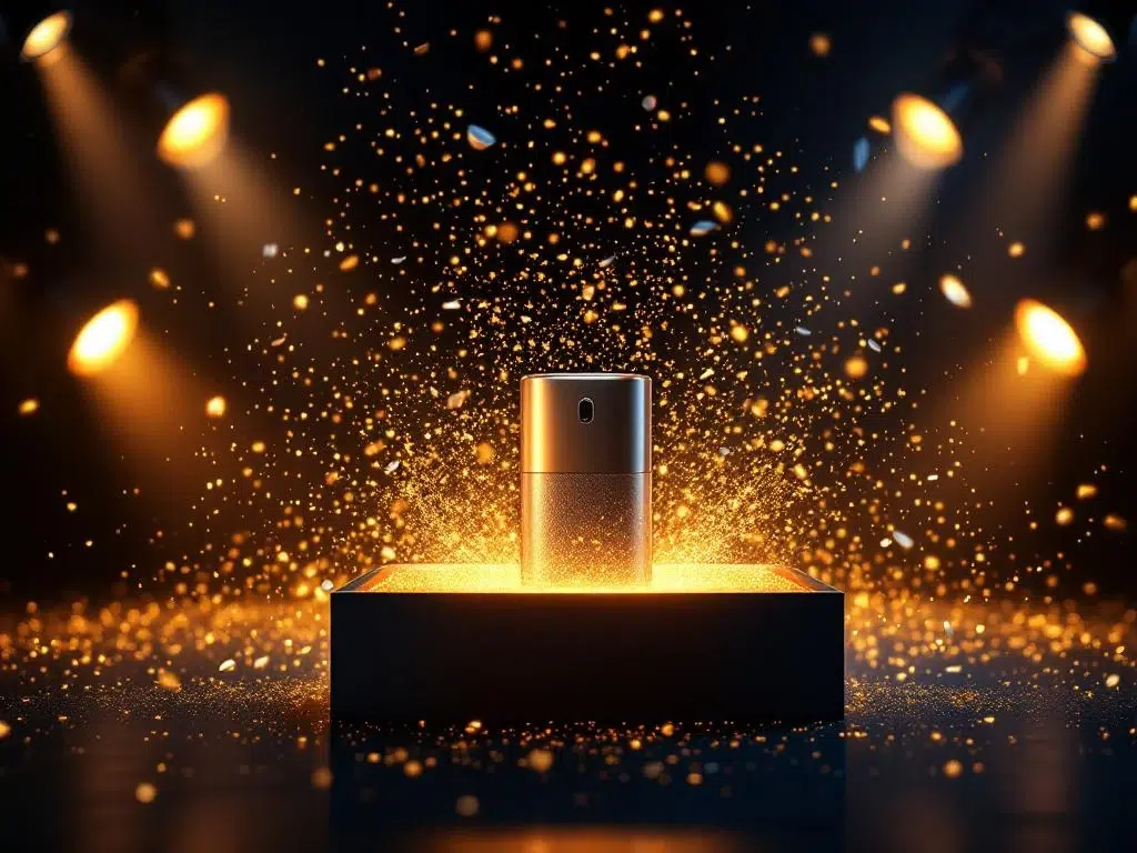Elegant product emerging from golden-lit gift box with confetti and sparkles, dramatic lighting on dark background