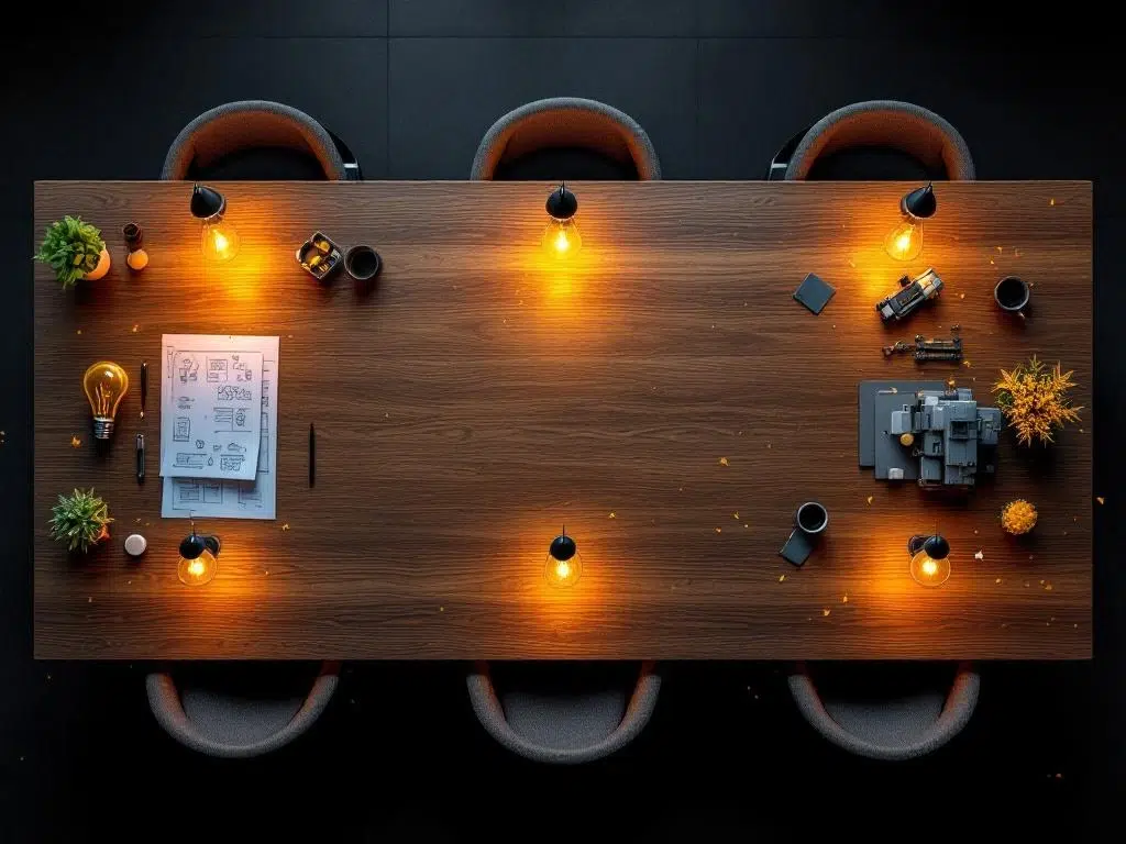Aerial view of modern conference table with five sections showing product launch phases: ideation lightbulbs, blueprints, machinery, marketing materials, and confetti celebration in clockwise flow.
