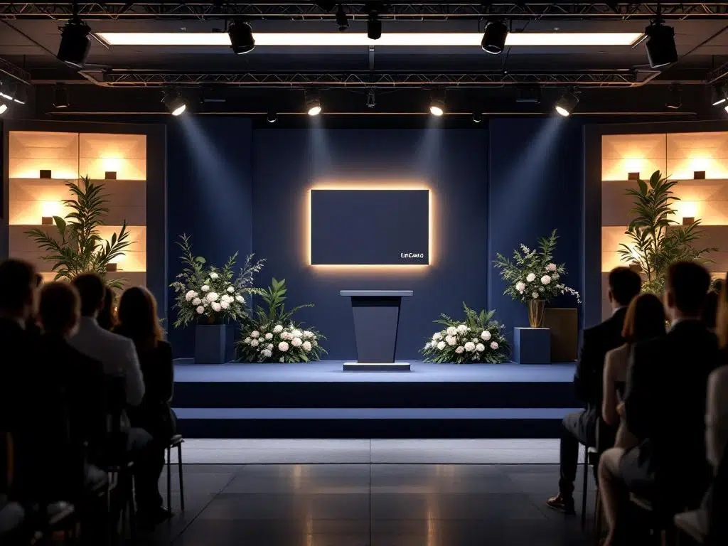 Elegante productlancering setup met podium, spotlights en branded schermen in moderne Amsterdam venue met publiek