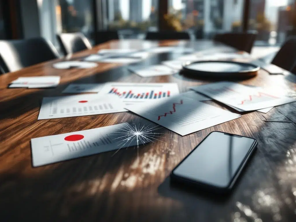 Conferentietafel met dalende grafieken en kapotte smartphone met mislukte productlancering in Amsterdam kantoor