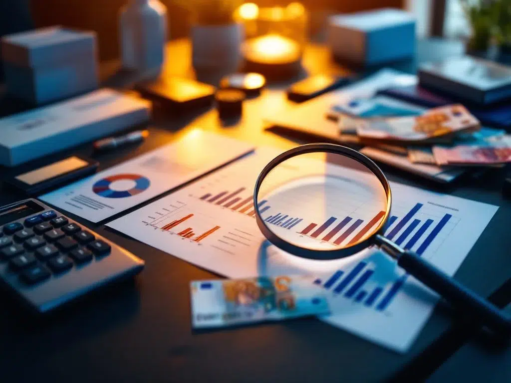 Bovenaanzicht van modern bureau met financiële documenten, rekenmachine, eurobiljetten en vergrootglas voor budgetanalyse
