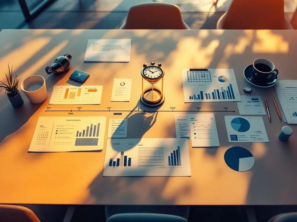 Moderne vergadertafel met productlancering tijdlijn, documenten, stopwatch en zandloper in gouden uurtje verlichting.