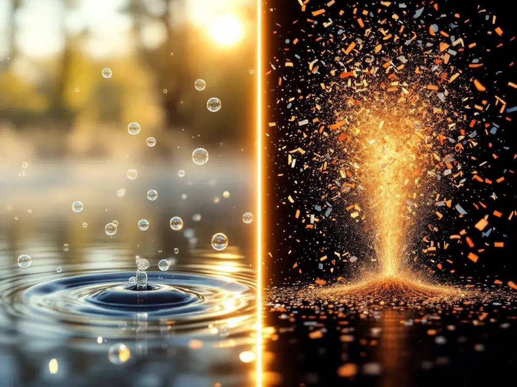 Split-screen vergelijking van zachte lancering met zeepbellen in gouden licht versus harde lancering met confetti-explosie.