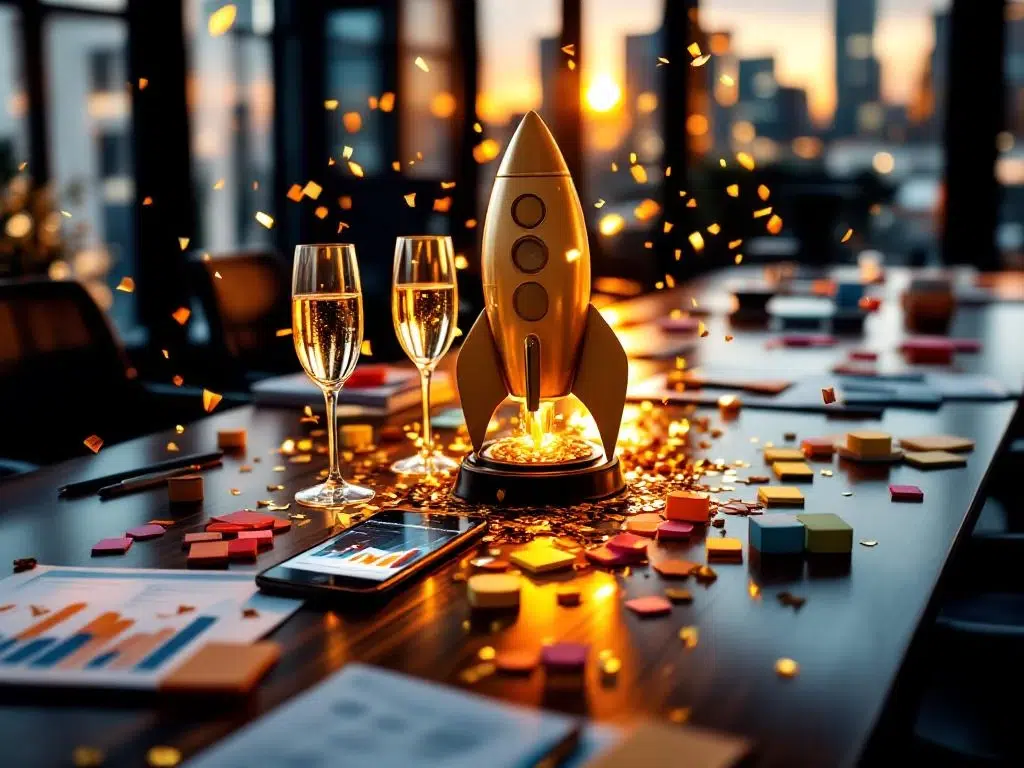 Conferentietafel met raket-trofee, champagne en smartphone met stijgende grafieken in modern Amsterdam kantoor
