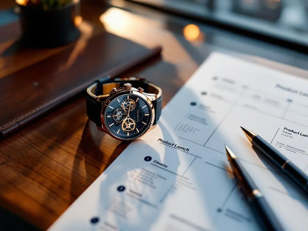 Luxe Zwitsers horloge met zichtbare tandwielen naast productlanceringstijdlijn op elegante houten bureau, Amsterdam skyline op achtergrond