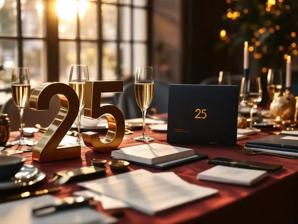 Elegante zakelijke jubileumtafel met gouden "25" cijfers, champagneglazen en bedrijfsdocumenten in Amsterdam grachtenpand interieur
