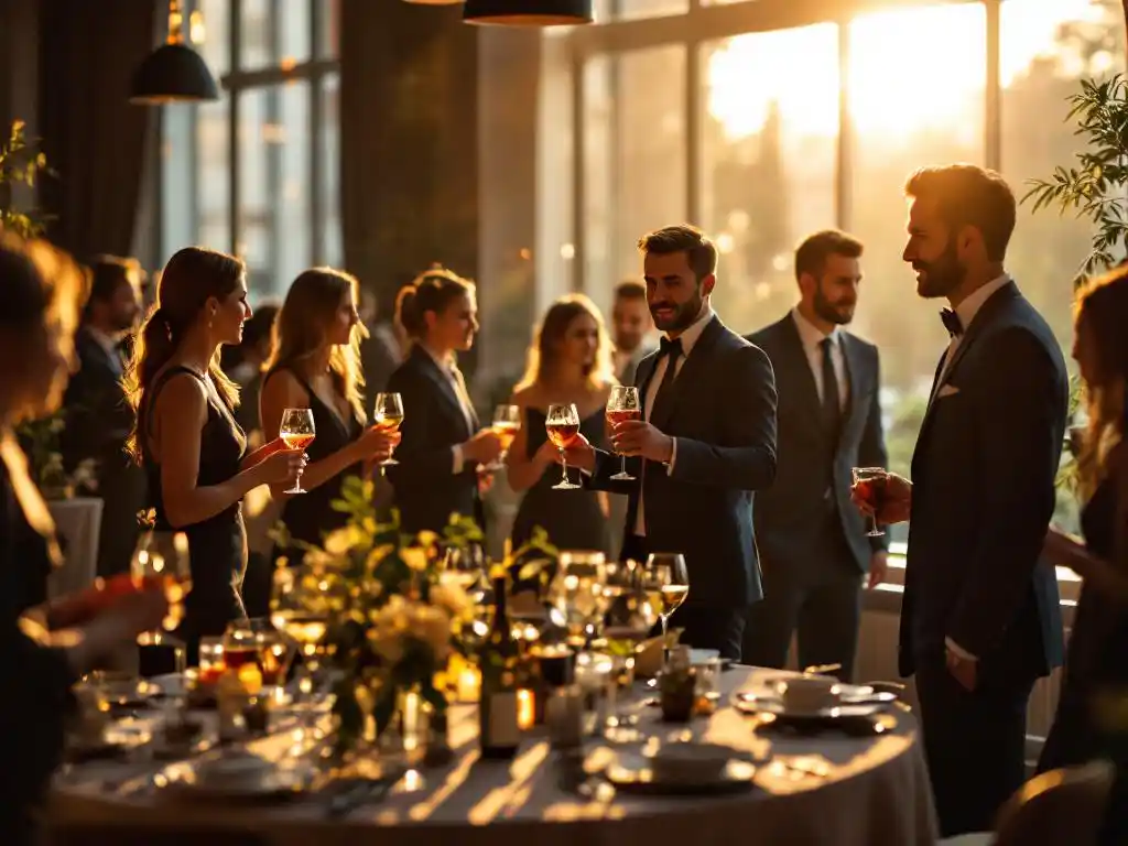 Professioneel geklede medewerkers tijdens een bedrijfsfeest in een elegant Amsterdam evenementenlocatie met cocktailtafel en bloemen
