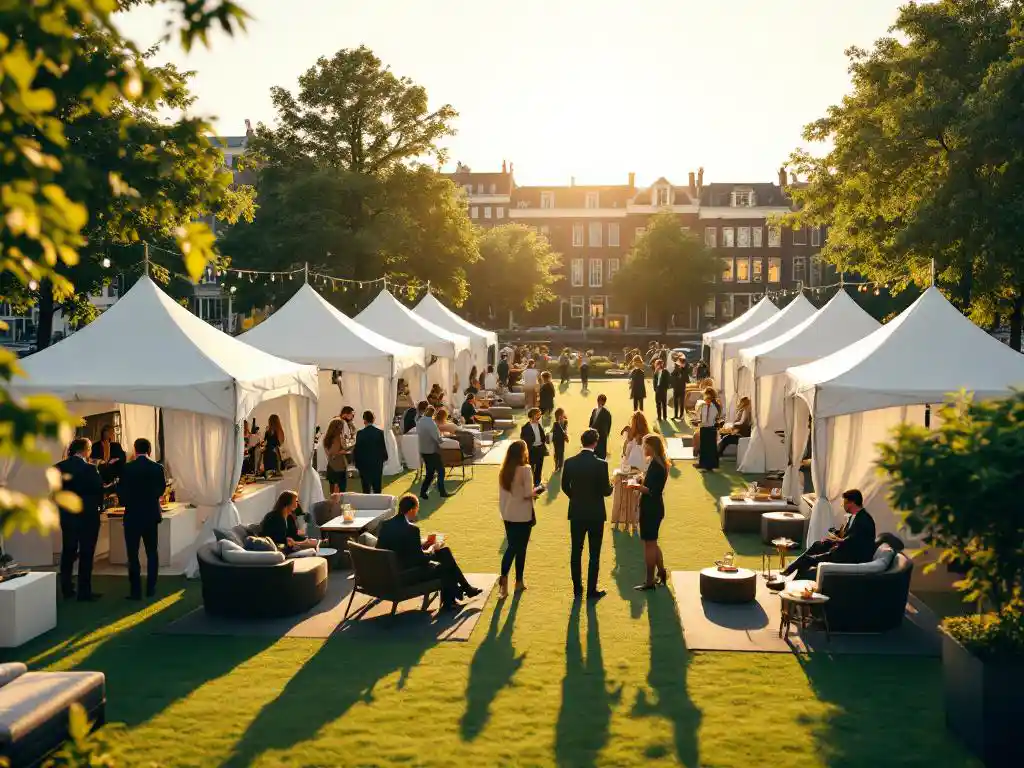 Zonnige bedrijfsevenement met witte paviljoententen op groen gras, cateringsstations, loungemeubilair en werknemers in zakelijke kleding, Amsterdamse grachtenpanden op achtergrond