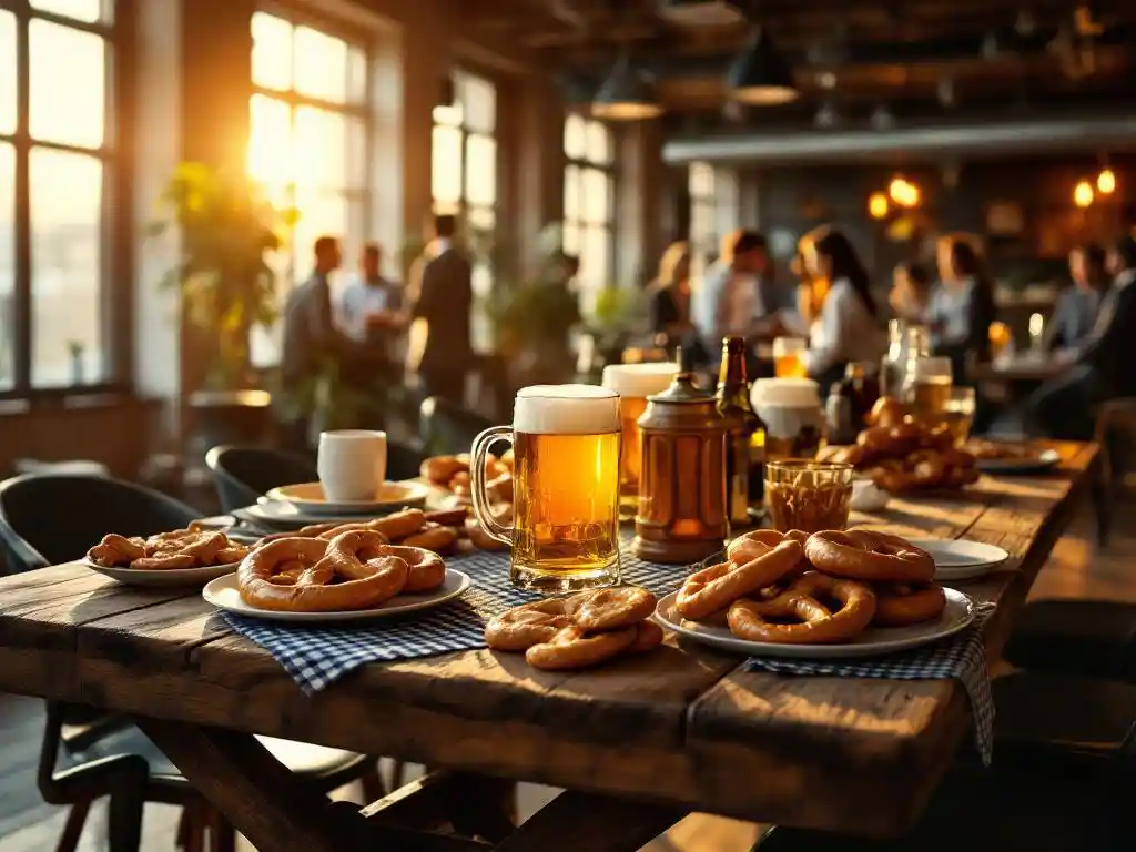 Houten biertafel met Beierse pretzels en keramische bierpullen in moderne kantooromgeving tijdens bedrijfsborrel