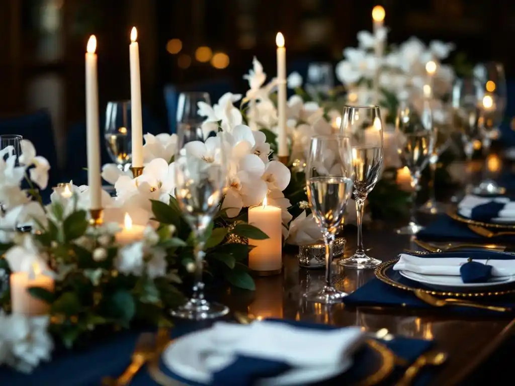Elegante bestuurskamertafel met witte orchideeën, gouden accenten en kristallen champagneglazen voor bedrijfsfeest