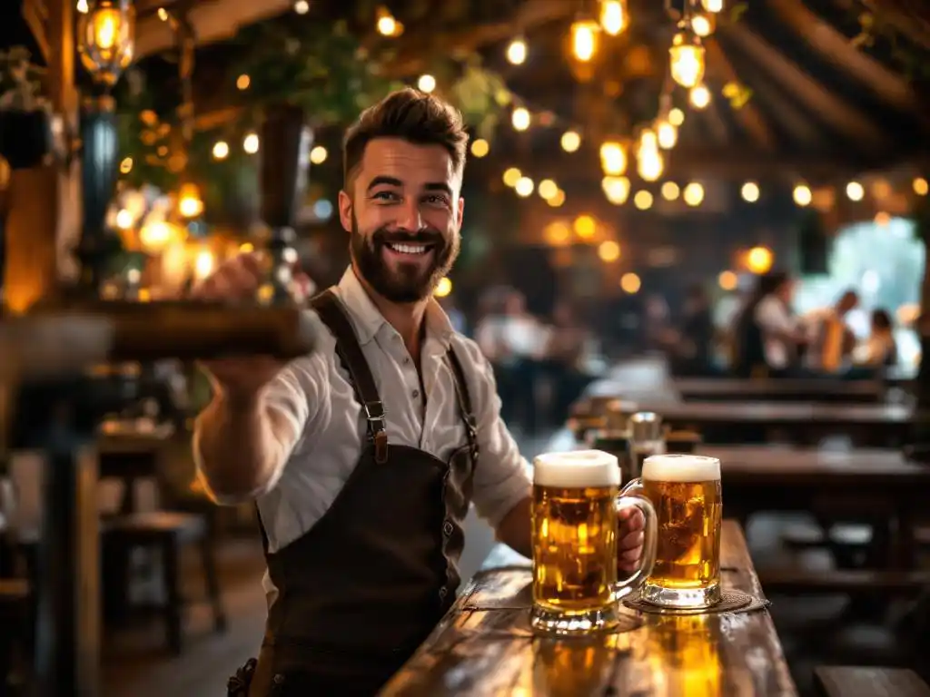 Vrolijke barkeeper in lederhosen tapt gouden bier uit houten tap in glazen pullen, authentieke Beierse biertent met houten tafels