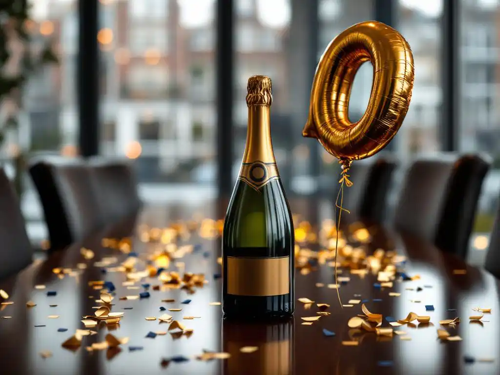Elegante champagnefles met gouden "10" ballon op mahonie vergadertafel, omringd door confetti in Amsterdam kantoor