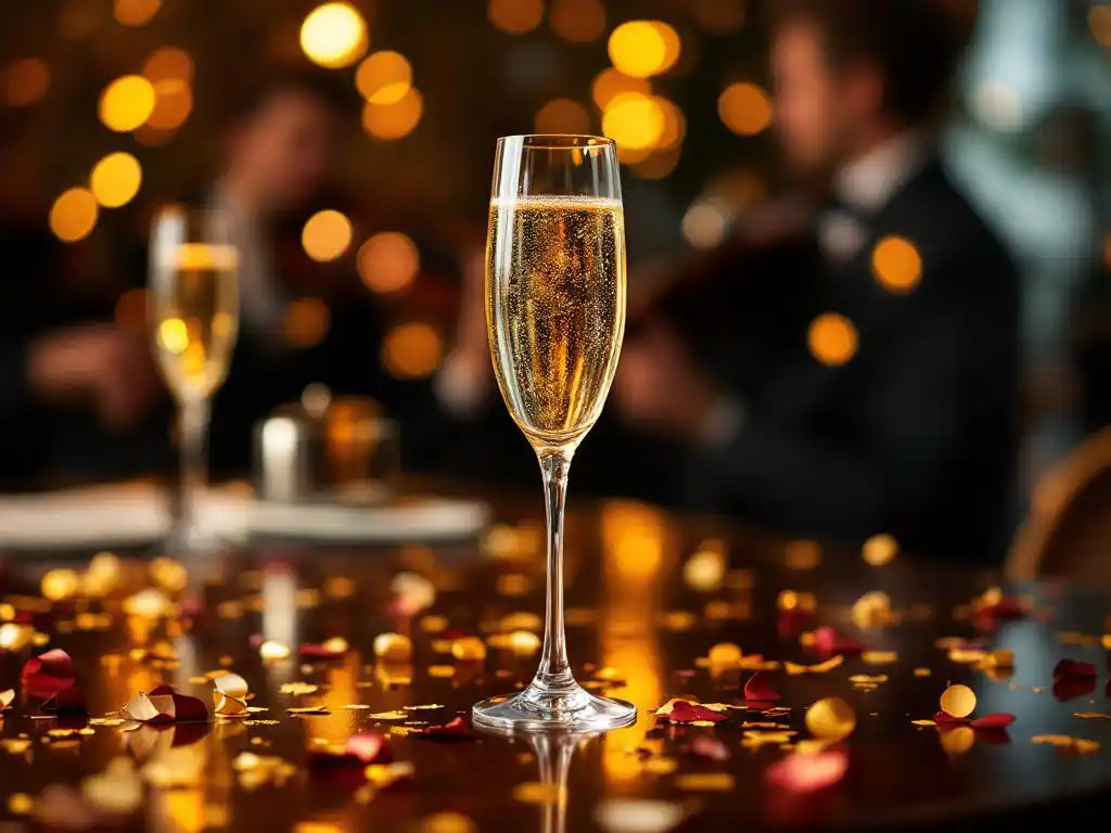 Champagneglas gevuld met gouden bubbels op mahonie tafel met confetti, strijkkwartet instrumenten op achtergrond