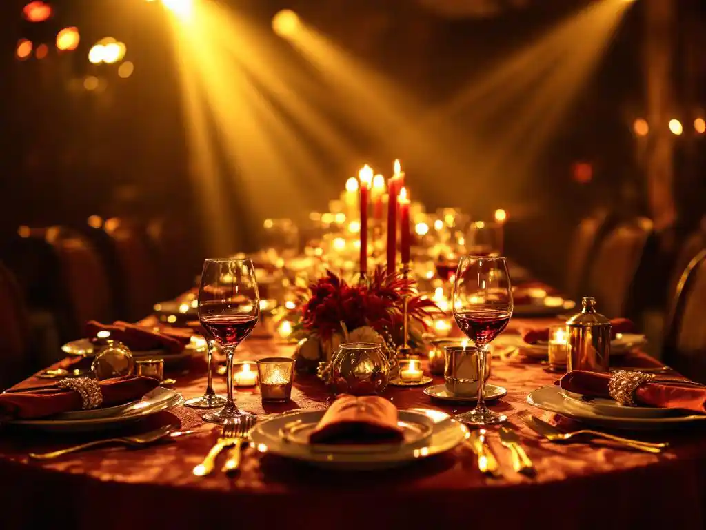 Elegant gedekte eettafel met theatrale spotlights, verschillende thematische couvert-opstellingen met vintage cabaret-, jazz- en theater-elementen in warm gouden licht