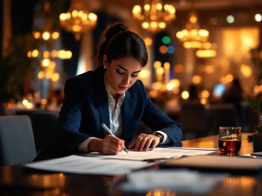 Professionele evenementencoördinator bestudeert contracten aan vergadertafel met corporate gala op de achtergrond