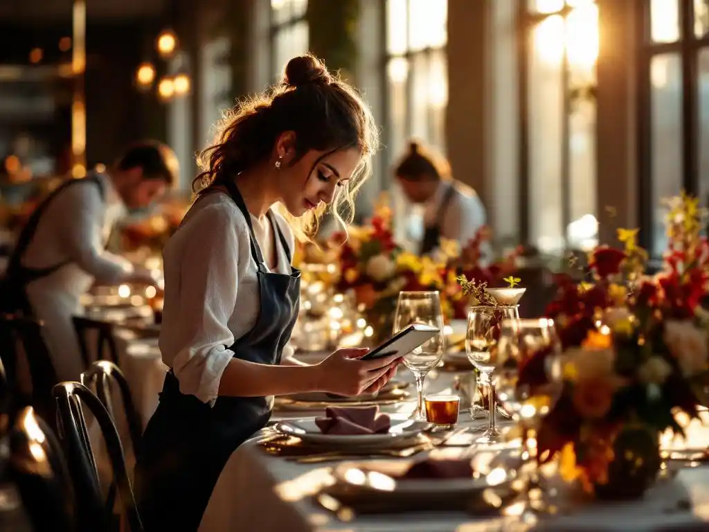 Professionele eventplanner regelt elegante tafeldekking en bloemarrangementen in stijlvol Amsterdam evenementenlocatie tijdens gouden uur