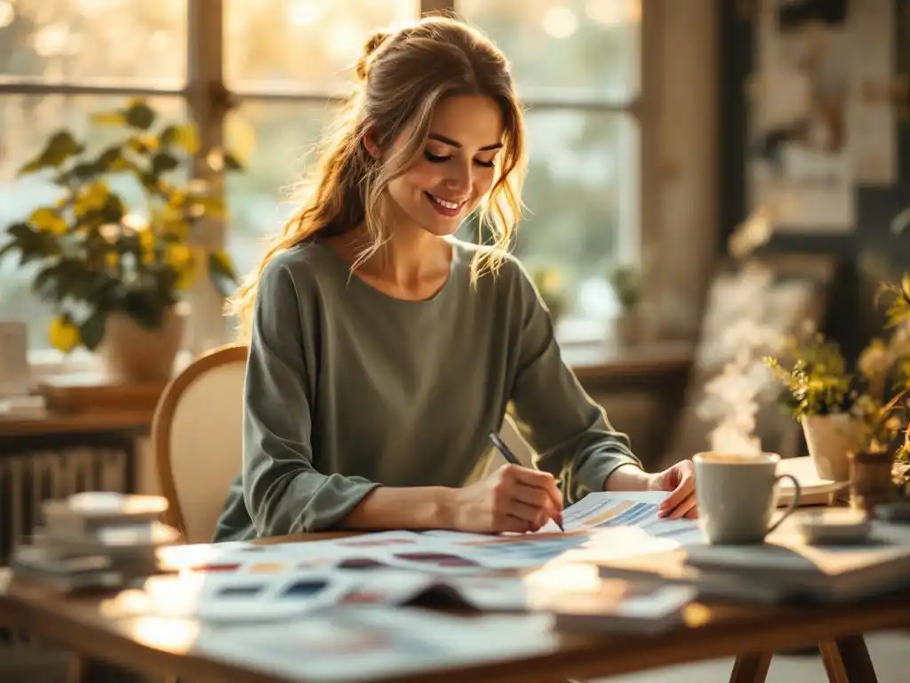 Eventplanner bekijkt kleurrijke feestmaterialen aan georganiseerd houten bureau met koffie en decoratiestalen
