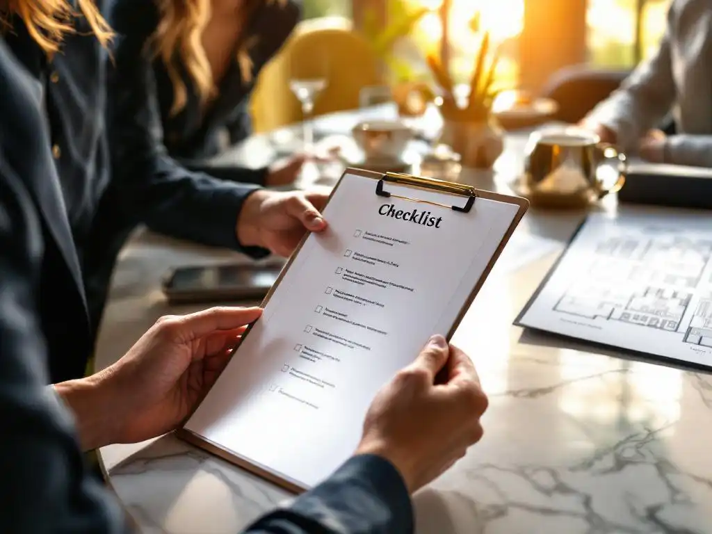 Professionele eventplanner controleert checklist op klembord met feestartikelen en plattegronden op marmeren tafel