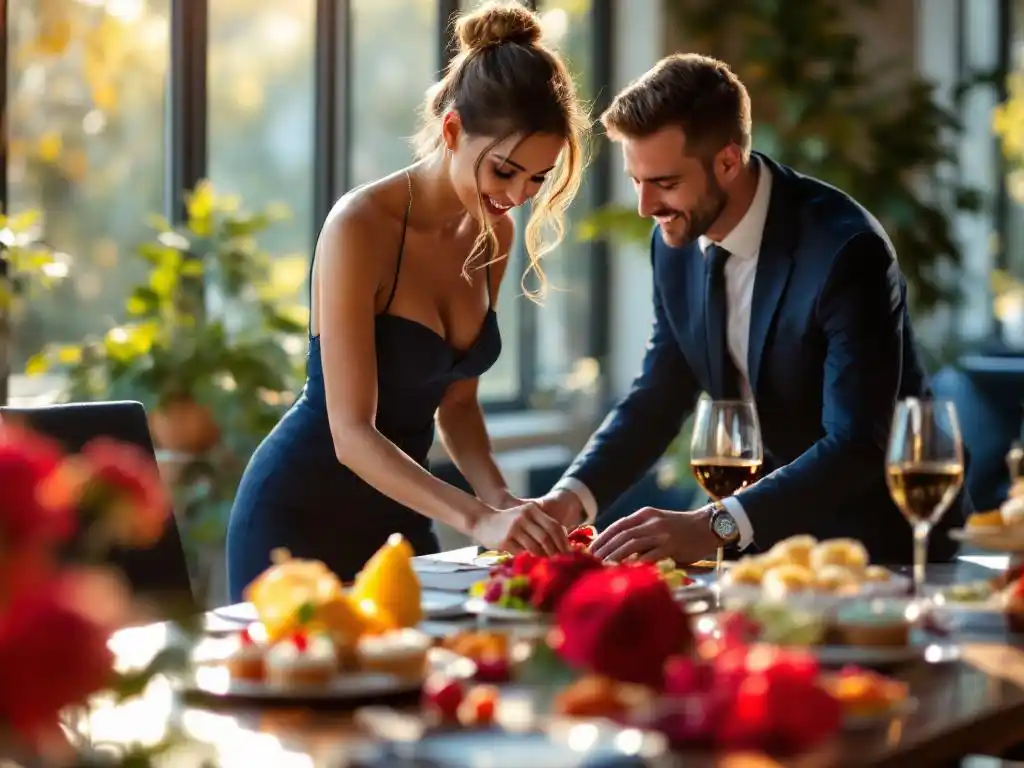 Professionele evenementenplanner arrangeert kleurrijke feestdecoraties en cateringsamples op conferentietafel terwijl tevreden zakenklant toekijkt