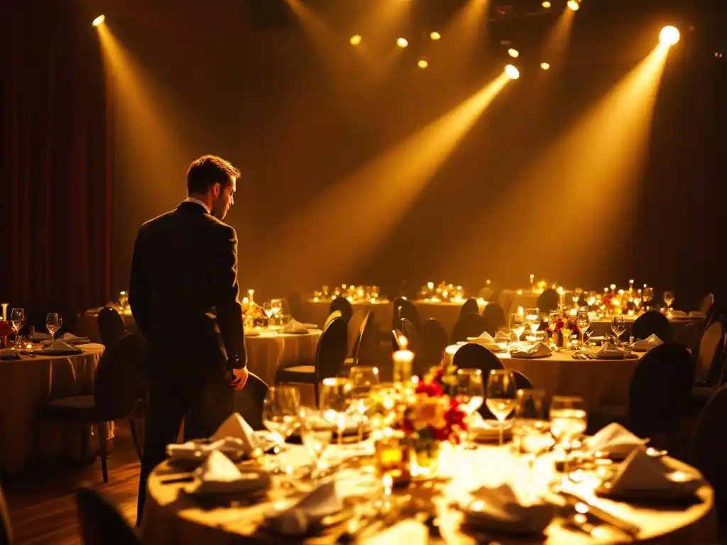 Evenementenplanner inspecteert elegante diner locatie met dramatische podiumverlichting, ronde tafels en kristallen glazen