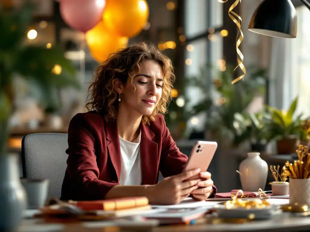 Drukke kantoormedewerker aan rommelig bureau met ballonnen en streamers kijkt opgelucht naar smartphone met professionele eventplanner contact