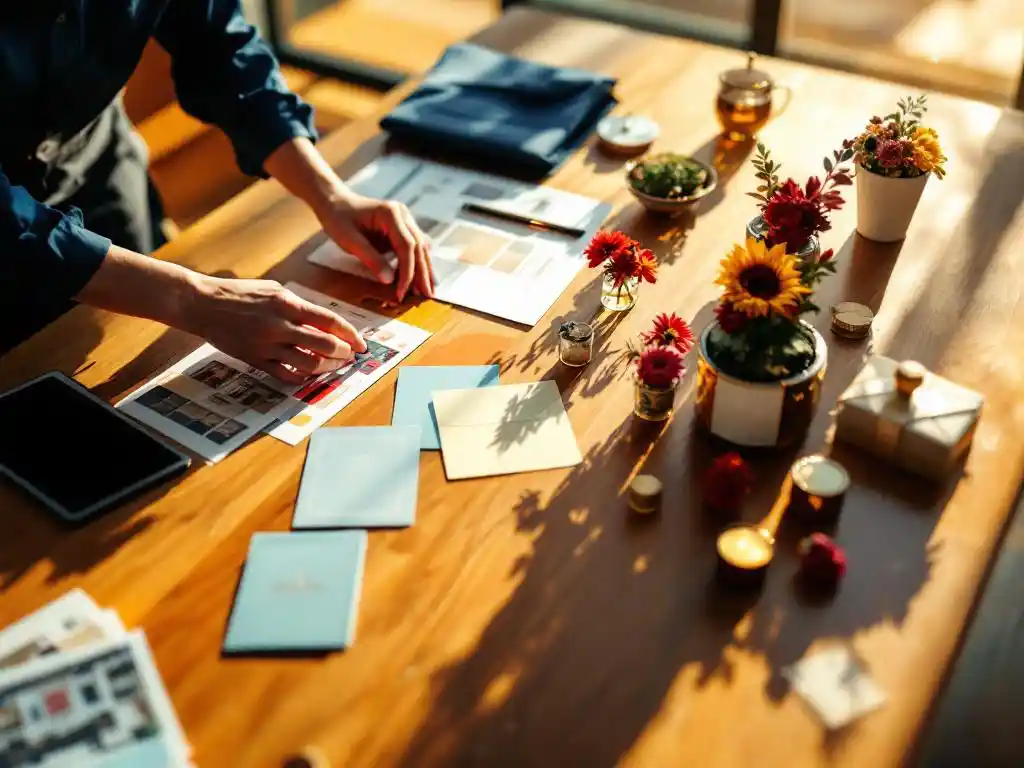Evenementenplanner rangschikt kleurrijke feestartikelen en cateringmonsters op houten conferentietafel met uitnodigingen en tablet
