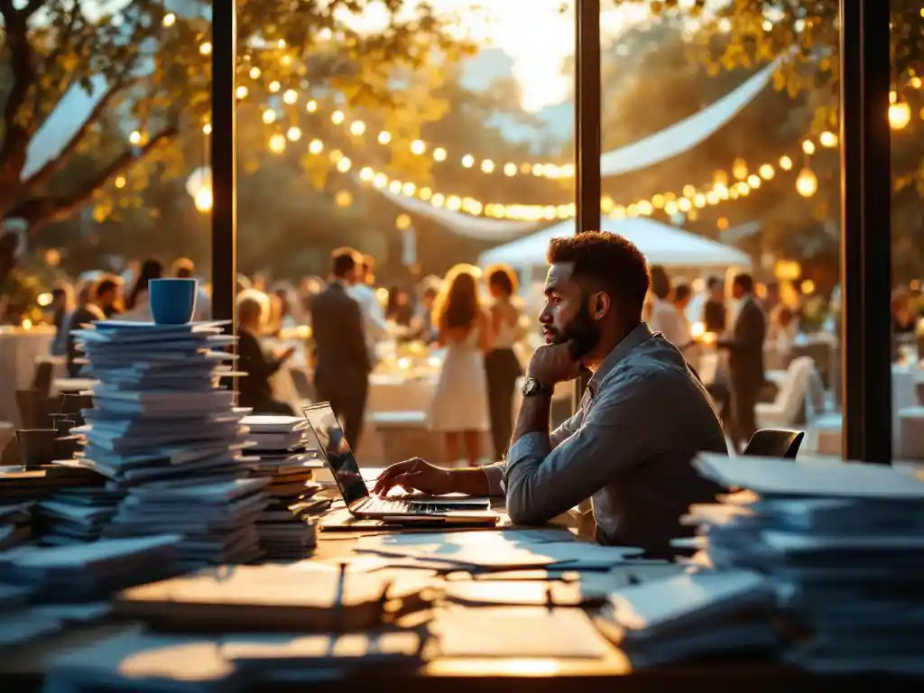 Drukke kantoormedewerker aan rommelig bureau met stapels feestplanningsdocumenten, terwijl elegant bedrijfsfeest zichtbaar is door raam op achtergrond