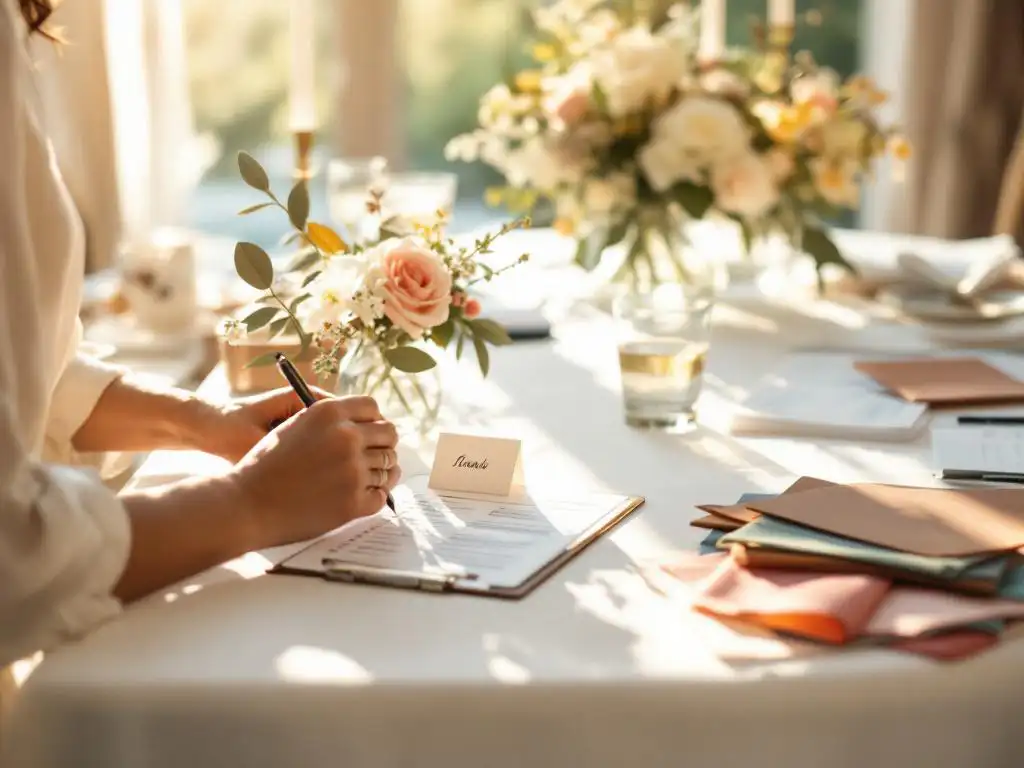 Professionele eventplanner rangschikt elegante plaatskaartjes en bloemstukken op witte tafel met checklists en stoffenstalen in warm goudkleurig licht