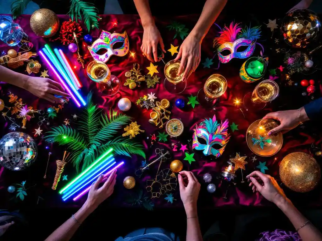 Feestelijk gedekte tafel met kleurrijke decoraties, maskers, glow sticks, champagneglazen en glitterballen op bordeauxrood fluweel