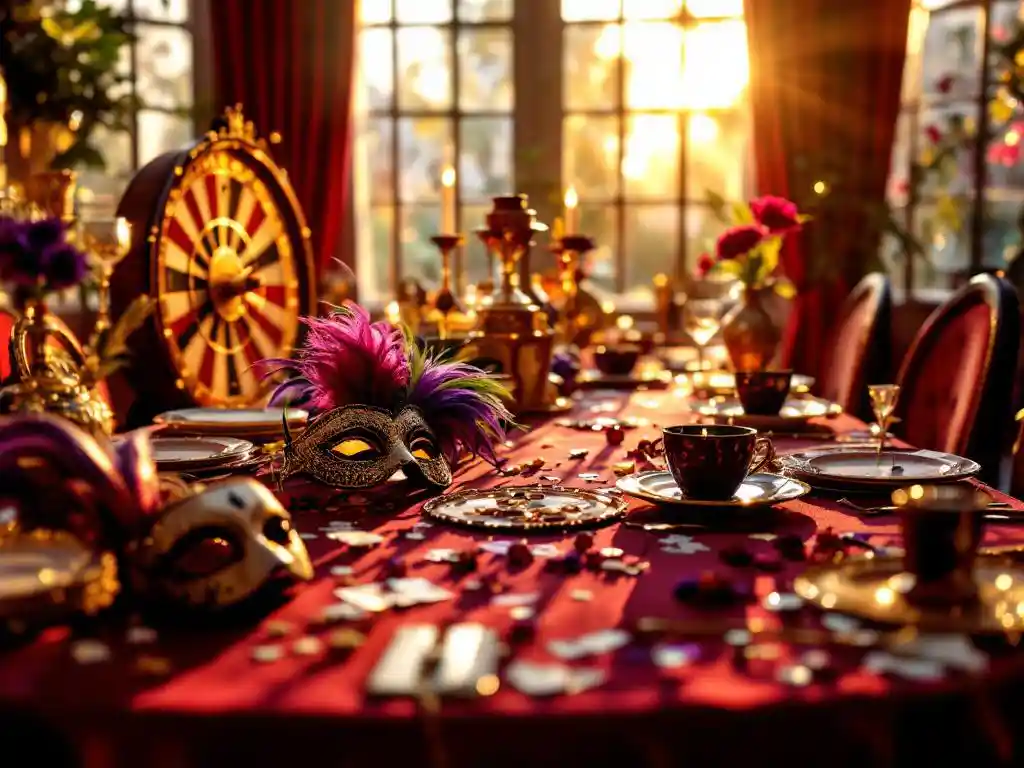 Vintage carnavalrad op luxe feesttafel met maskerademaskers, kleurrijke decoraties en bordeauxrood fluwelen tafelkleed