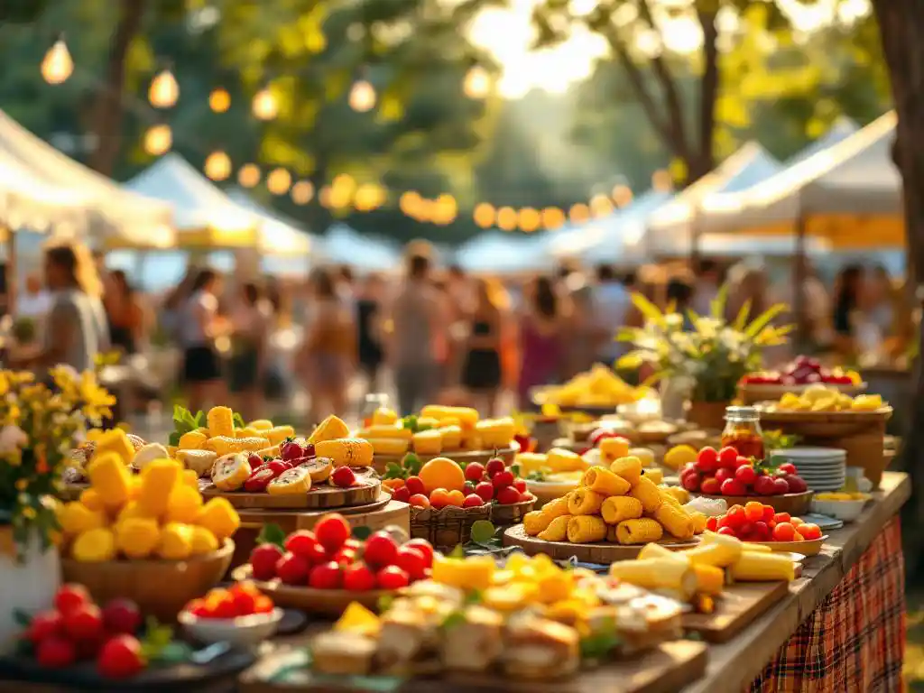 Feestelijke buffettafel met gegrilde maïs, fruit en sandwiches onder sfeerlichtjes tijdens buitenfestival in gouden avondlicht