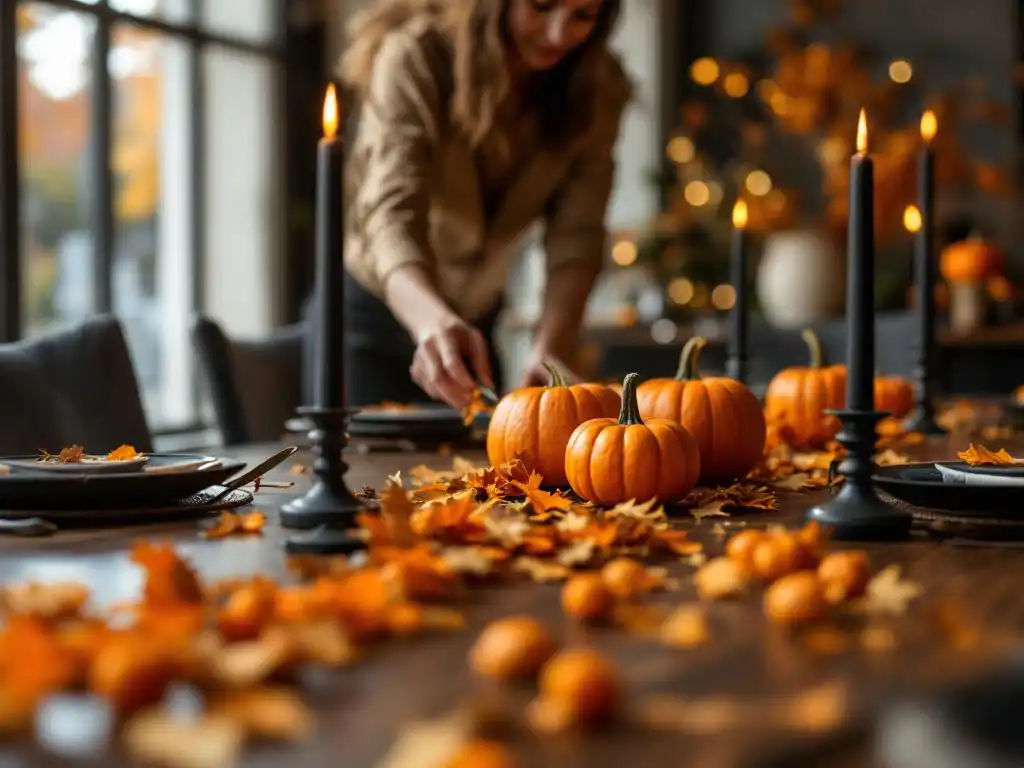 Professionele eventplanner schikt oranje pompoenen en zwarte kaarsen op vergadertafel in modern Amsterdam kantoor voor Halloween zakelijk feest