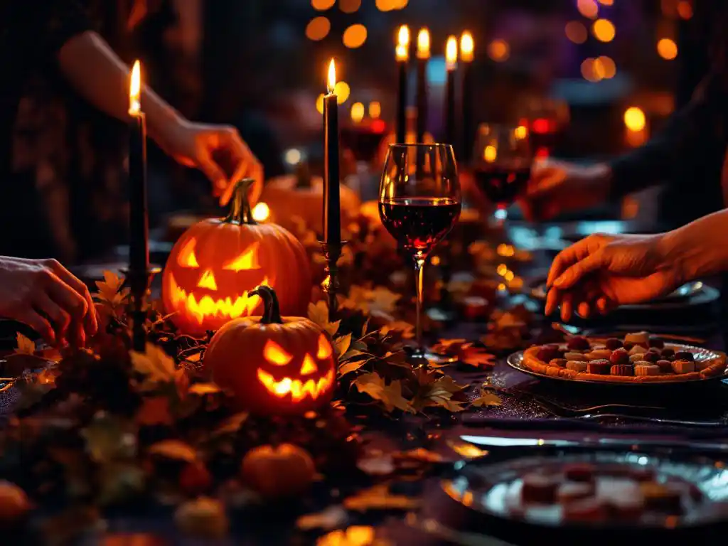Elegante Halloween-feesttafel met gesneden pompoenen, zwarte kaarsen en herfstbladeren terwijl gasten naar kleurrijke traktaties reiken