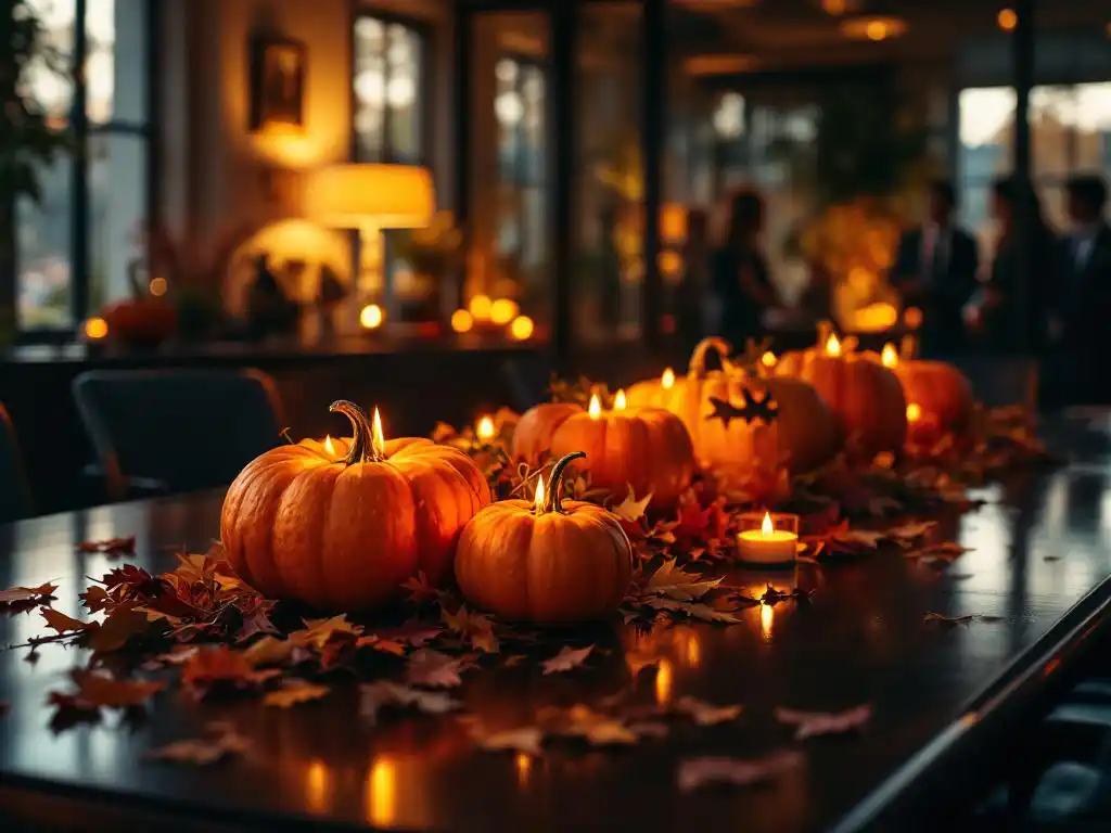 Elegant kantoorruimte met Halloween decoratie, gesneden pompoenen met kaarslicht op vergadertafels, herfstbladeren en medewerkers in subtiele kostuums