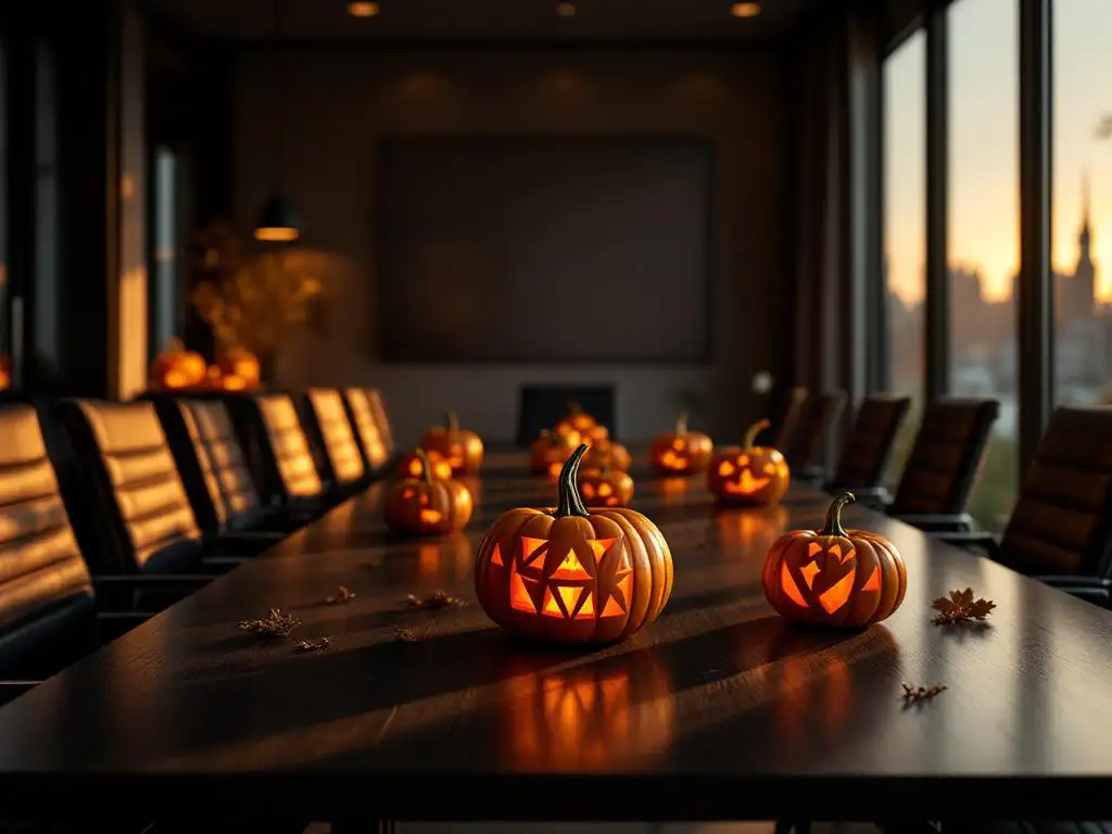 Elegante vergaderruimte met geometrisch gesneden pompoenen op donkere houten tafel, Halloween decoratie in moderne kantooromgeving