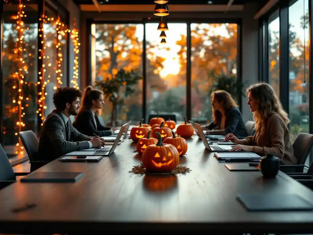 Moderne vergaderruimte met Halloween decoraties, gesneden pompoenen op houten tafel, oranje lichtjes langs glazen wanden, medewerkers in subtiele kostuums werken samen