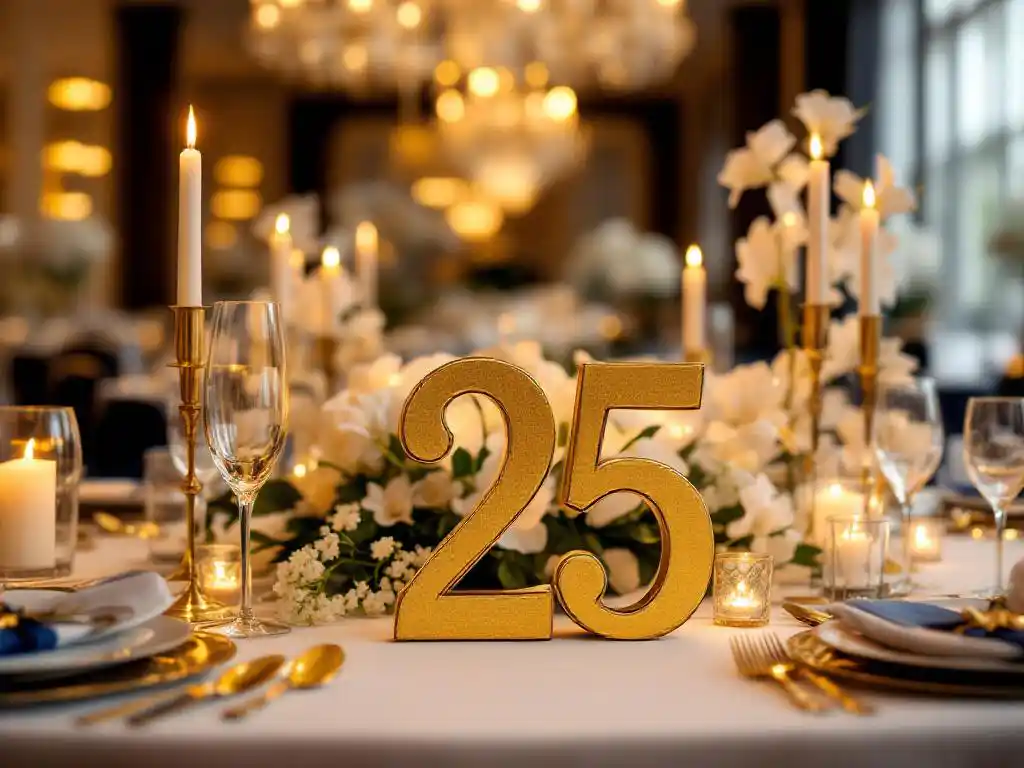 Gouden "25" cijfers op witte tafel omringd door champagneglazen, kaarsen en witte orchideeën in luxe ballroom