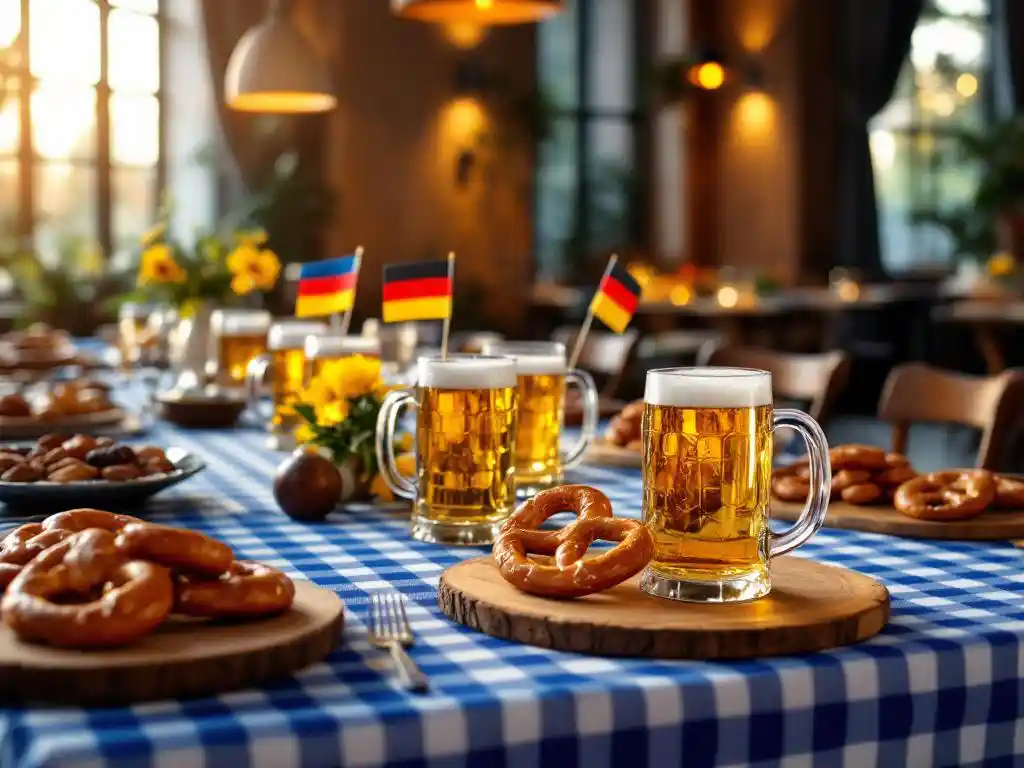 Oktoberfest tafelsetting met blauw-wit geblokte tafelkleed, Duitse bierpullen, pretzels en Beierse vlaggetjes in bedrijfsevenementenruimte