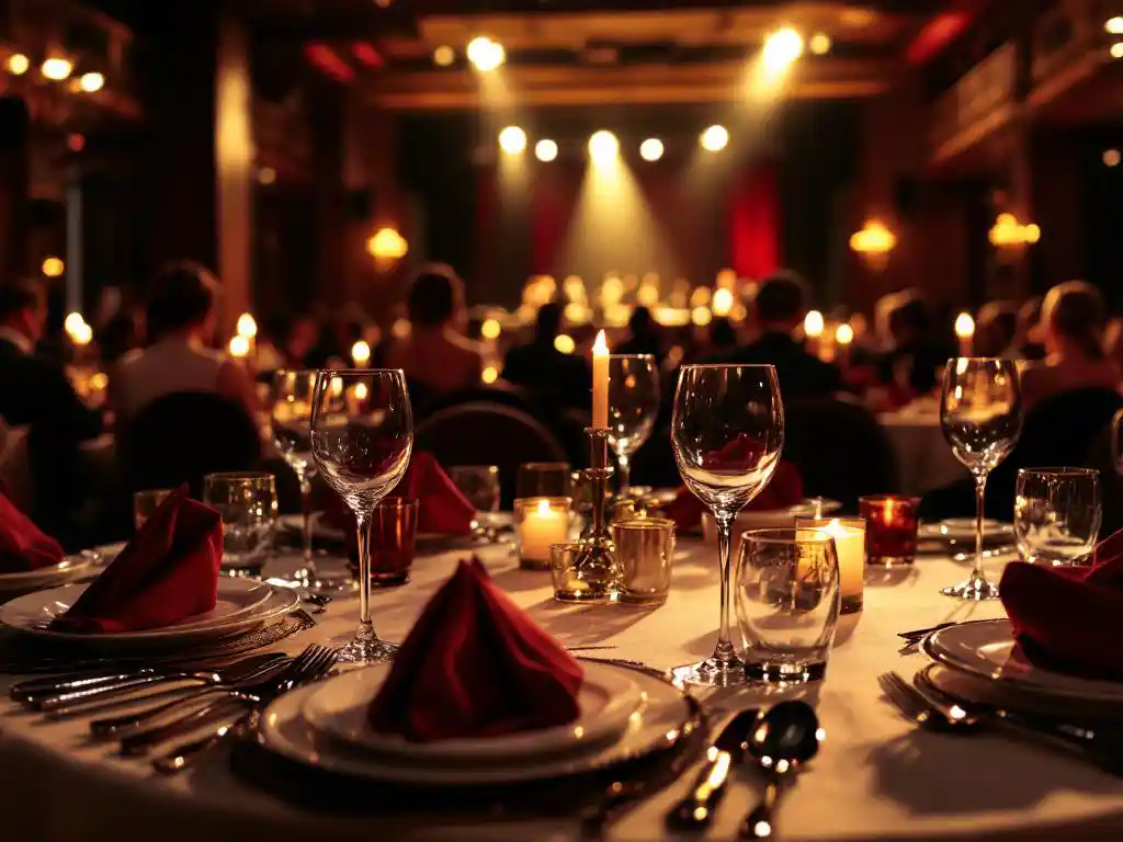 Elegante gedekte tafel met kristallen glazen en zilverwerk, gasten in avondkleding aan kaarslicht verlichte tafels in restaurant