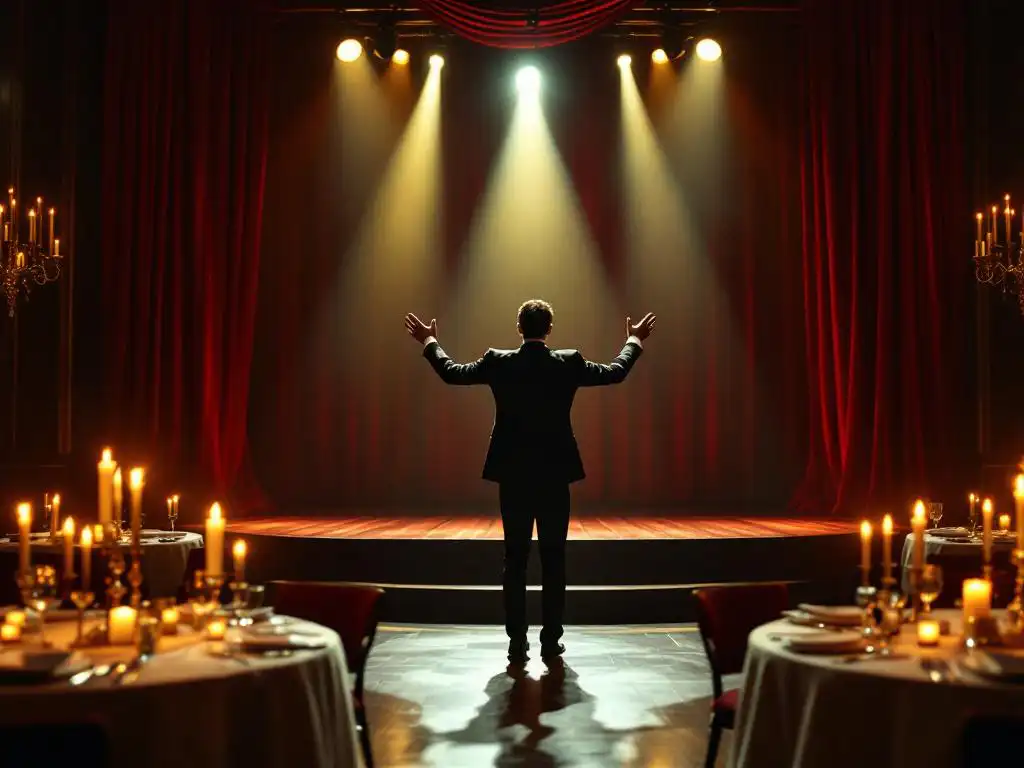 Elegante performer in zwart pak buigt theatraal op intiem podium met gouden spotlights, tafels met witte linnen en kaarsen op voorgrond